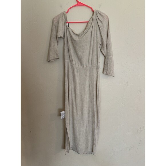 New ASOS Woman's 6 Linen Dress Beigh Tan Midi Off Shoulder Asymmetrical Sleeve - Picture 2 of 6